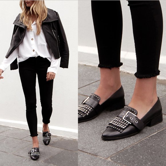 Jo Mercer Shoes - JO MERCER Black Leather Buckle Stud Xenon Loafers